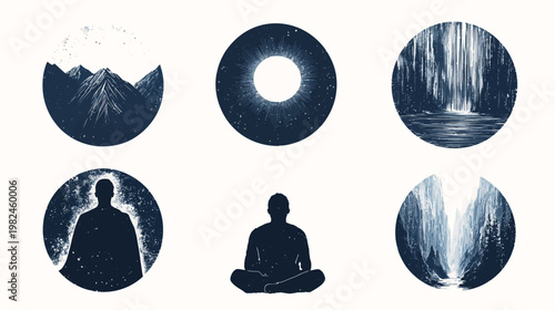 Six circular illustrations in blue and white, depicting mountains, figures, and water features