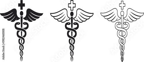 Medical caduceus symbol set with snakes wings and cross for healthcare pharmacy and professional emergency medicine