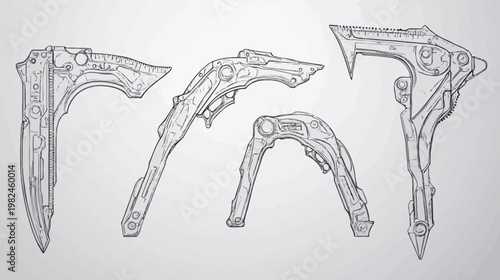Line drawings of five futuristic, biomechanical-looking, arc-shaped objects on a white background
