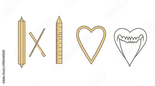 Flat illustration of drawing tools, and heart shapes with one having a jaw