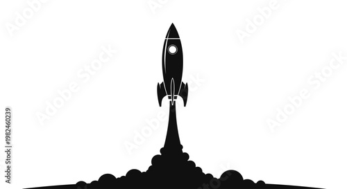 Black silhouette of a rocket launching with smoke tr.ail.
