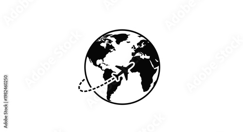 Icon of an .airplane flying around the world globe on a white background.