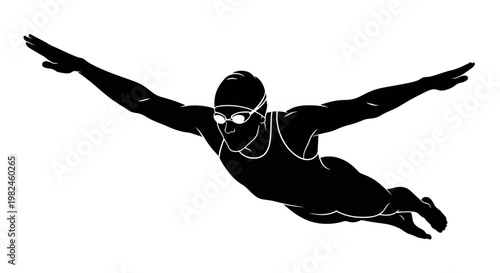 Dynamic black silhouette of a professional athlete swimming the butterfly stroke