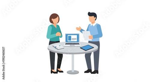 A professional man and woman collaborate at a round table featuring a laptop, tablet, and notepad in a clean vector style.