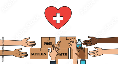 Diverse hands reaching for donation boxes labeled 'food', 'supplies', 'water', symbolizing aid and community support, with a prominent red heart featuring a white cross above,