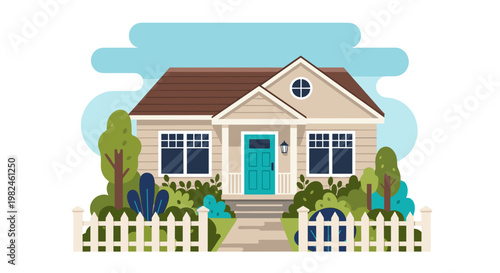 Charming suburban dwelling featuring a welcoming teal front door, symmetrical windows, and a neatly manicured garden enclosed by a white picket fence, under a serene blue sky with