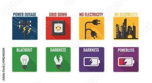 Visual representations of electrical power disruption including a storm hitting utility poles, a blown fuse, disconnected plugs, darkened cityscapes, a broken lightbulb, and low