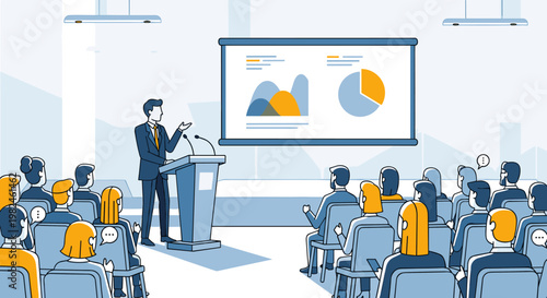Professional speaker presents engaging data charts and financial graphs to attentive audience seated in a modern conference hall, utilizing clean lines and a calming blue and