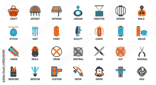 A collection of diverse creative icons representing crafting, artistry, and design processes, featuring a warm orange, cool blue, and neutral gray palette with clean geometric