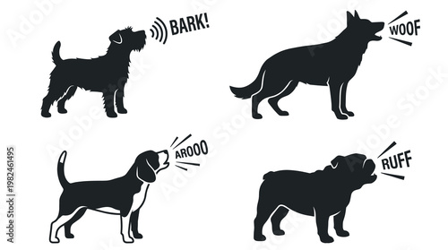 Black silhouette vector set of various dog breeds barking with text bubbles woof ruff aroo isolated on white for pet communication.