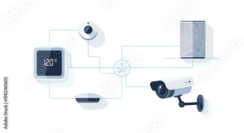Connected smart home devices including a security camera, thermostat displaying 120 degrees celsius, a hub, and a speaker, depicted with clean lines and a cool blue color palette,