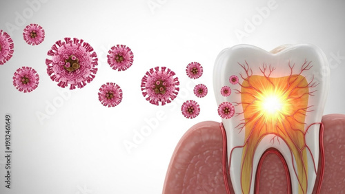 World Oral Health Day Close-up of a cross-section of a human tooth with a bright yellow infection glowing inside, surrounded by pink virus particles