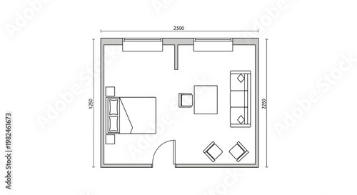 Minimalist studio apartment floor plan, showing a neatly arranged bedroom area with bedside tables, a compact living space featuring a sofa, coffee table, and two accent chairs,