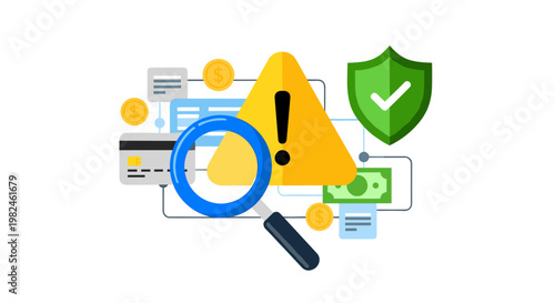 Financial security alert detected through magnifying glass analysis, featuring credit cards, currency notes, coins, warning triangle, and protective shield with checkmark,