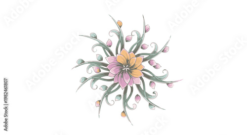 A colorful floral design with pink and orange flowers.
