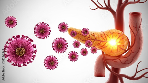 World Pancreatic Cancer Day 3D illustration of the pancreas under attack by viruses, medical concept