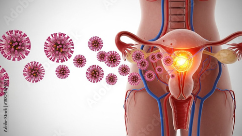 Illustration of Female Reproductive System with Viruses and Inflammation, Representing Infection and Disease