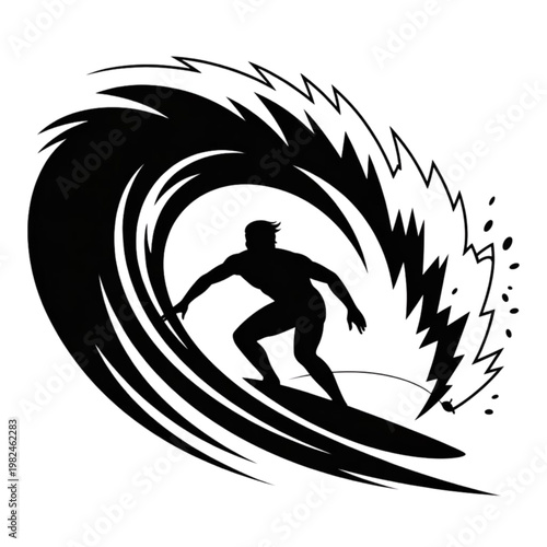 A black silhouette of a surfer riding a wave in a dynamic vector graphic design.