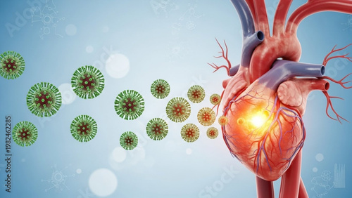 World Heart Day  pathogenic viruses attacking a glowing human heart, symbolizing cardiovascular disease and the critical impact of infection on cardiac health and function