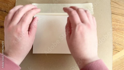 Female Caucasian hands taping down watercolor paper on a board before painting, preparing surface for clean edges. Top view 4K art setup on wooden table.