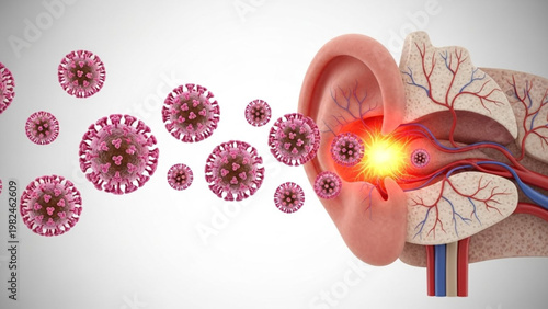 3D Illustration of viral particles infecting an ear, representing hearing loss or ear infection caused by viruses, such as influenza or coronavirus