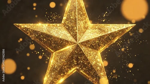 A shining golden star with sparkling glitter and bokeh lights on a dark background