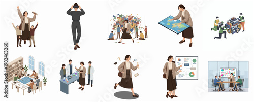 Diverse Illustration Set of Business and Teamwork Situations with Office Activities