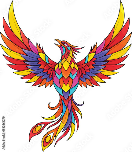 Vibrant Stained Glass Phoenix Rising Illustration.