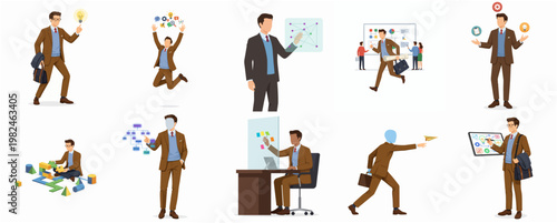 Flat Design Diverse Businessman Character Illustration Set In Various Activities