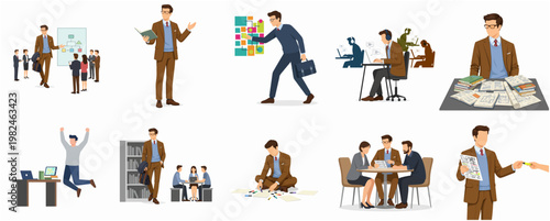 Flat Businesspeople Working in Different Scenes and Situations Illustration
