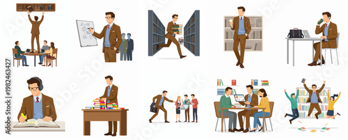 Flat Illustration Diverse Librarian In Action Poses and Library Activities Character Set