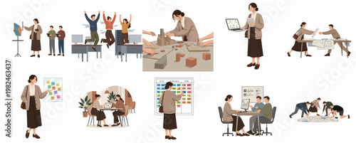 Flat Style Business People in Different Activity Illustration Set on Isolated Background