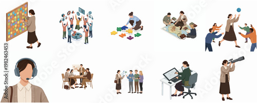 Stylish Detailed Illustration of Teamwork and Business Scenarios Isolated on White