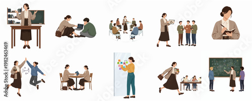 Flat Illustration Set of Educational Activities with Students and Teacher