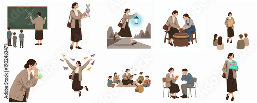 Flat Style Detailed Set of Teacher in Different Poses and Activities