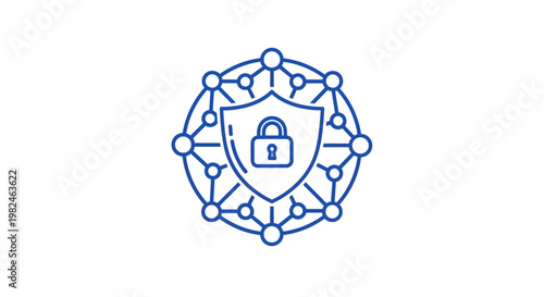 Cyber security shield with lock and network nodes