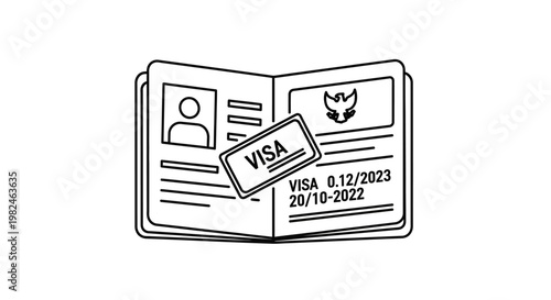 Line art illustration of an open travel passport with an immigration visa stamp