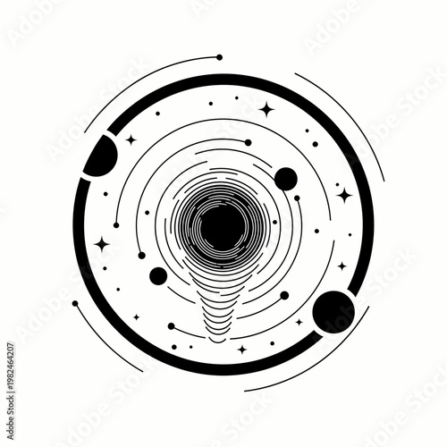 A captivating artistic depiction of a black hole with celestial objects in an artistic style. It is rendered in monochrome