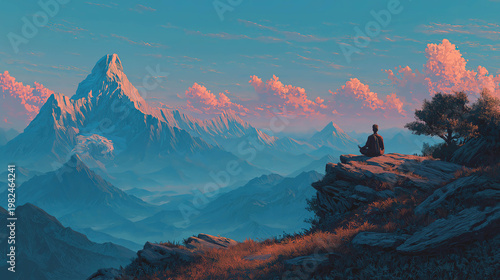 Wellness yoga in mountains with meditation fitness breathing and physical health balance