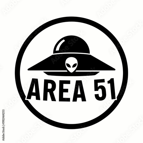 An intriguing emblem featuring a flying saucer and AREA 51 inscription, set against a circular backdrop. The design presents a captivating and mysterious aesthetic