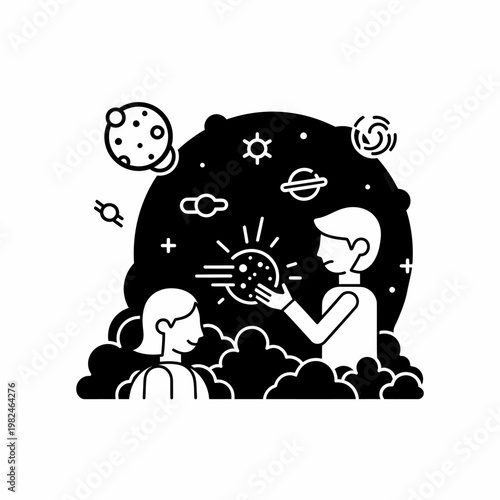 Illustration of two individuals exploring a celestial sphere, surrounded by planets and stars
