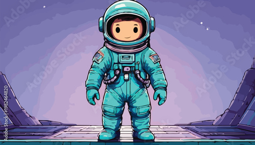 Chibi Astronaut Standing on a Space Platform, Cartoon Style.