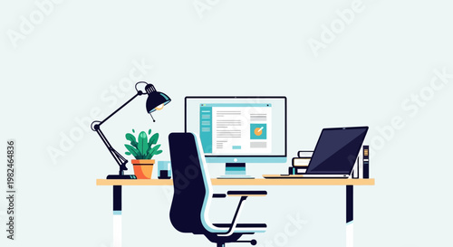 Modern Office Desk with Computer and Accessories.