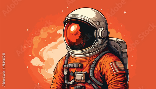 Astronaut in Orange Suit with Helmet and Backpack.
