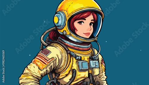 Cartoon Astronaut Woman in Yellow Suit Ready for Space Exploration.