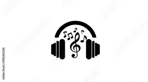 Headphones with music notes and treble clef icon. Audio listening symbol for sound, entertainment, and digital media.