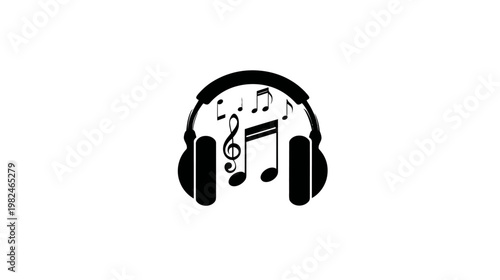 Minimalist black headphones icon with musical notes. Abstract symbol for audio, sound, music listening, and entertainment.