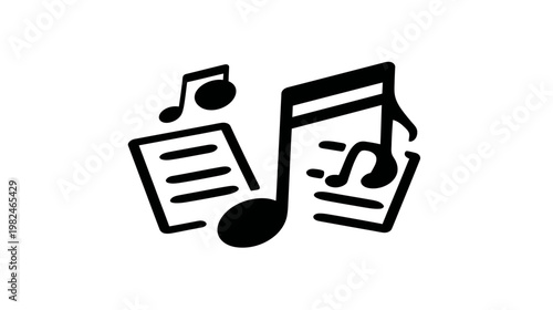 Black and white icon of musical notes and sheet music, symbolizing song composition, melody, sound, audio, creativity, and entertainment.