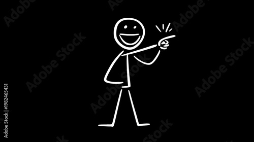 Happy Stick Figure Pointing Right with Idea or Solution Spark, Simple White Line Drawing on Black Background, Concept Illustration