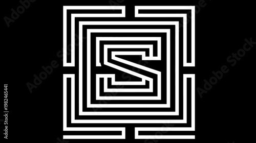 Stylized Letter S in a Labyrinth Pattern Abstract Graphic Design on Black Background. Modern Monogram Concept.